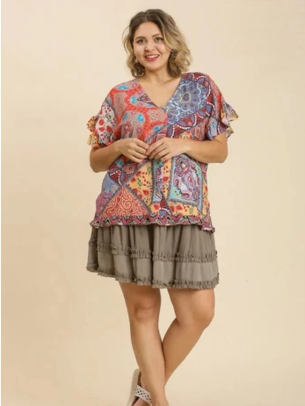 Umgee Mixed Print Ruffle Sleeve Blouse - Picture 1 of 6